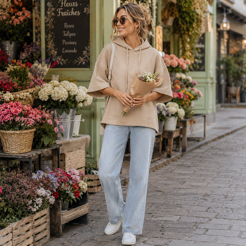 🧥Seasonal Style - Relaxed Pullover Hoodie with Half-Sleeve Cut – Flattering Loose Fit & Modern Aesthetic for Transitional Weather